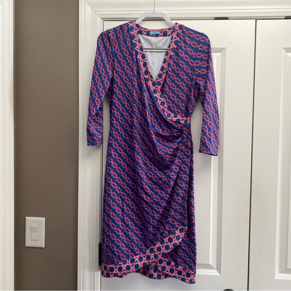 J. McLaughlin Navy and Pink Patterned Wrap Midi Dress